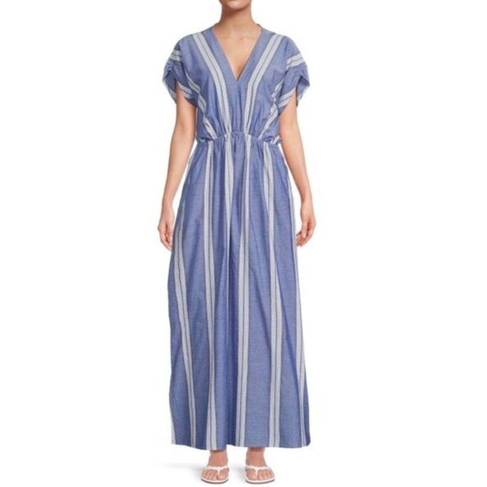 J. McLaughlin Striped Cotton Lyocell V-Neck Elastic Waist Maxi Dress Size S